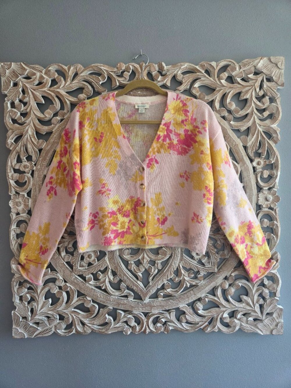 Sundance Dahlia Pink and Yellow Floral Cardigan Sweater Cottagecore Petite Large